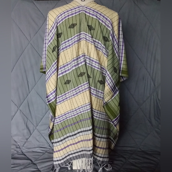 Large Multi Colored Poncho Stripes & Tassels V Neck Style Purple Green Yellow - Picture 3 of 10